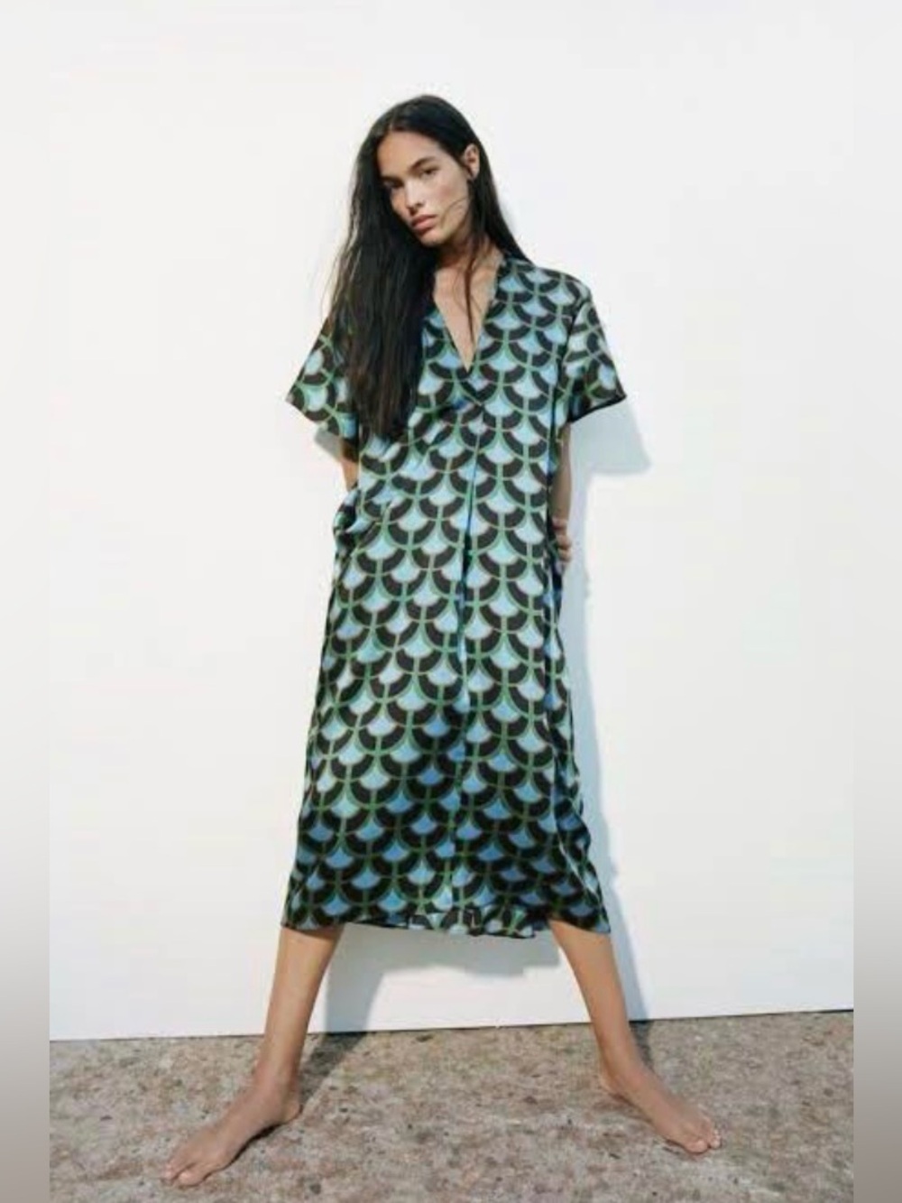 Zara Size XS Geometric Print Midi Kaftan Dress